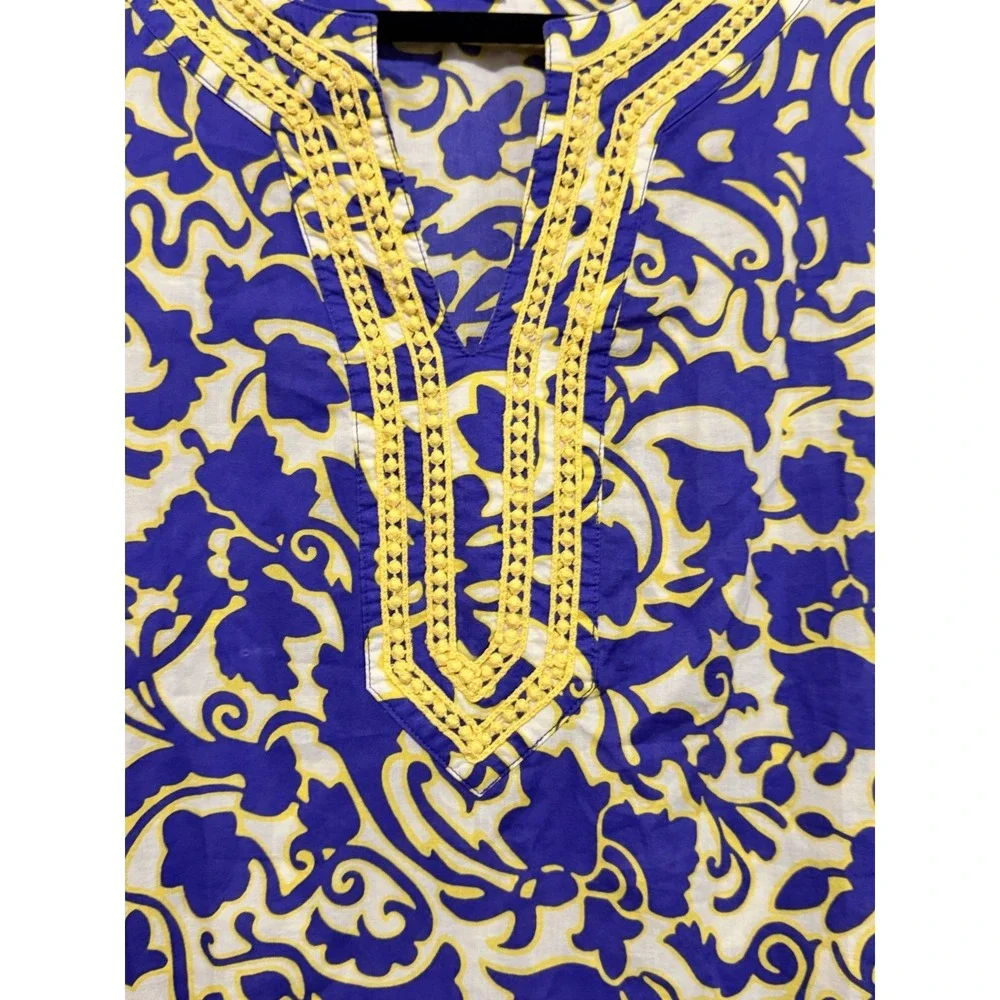 Boden Top SZ 10 Kaftan Tunic 3/4 Sleeve Cotton Lagenlook Coastal Purple Yellow - Picture 2 of 6